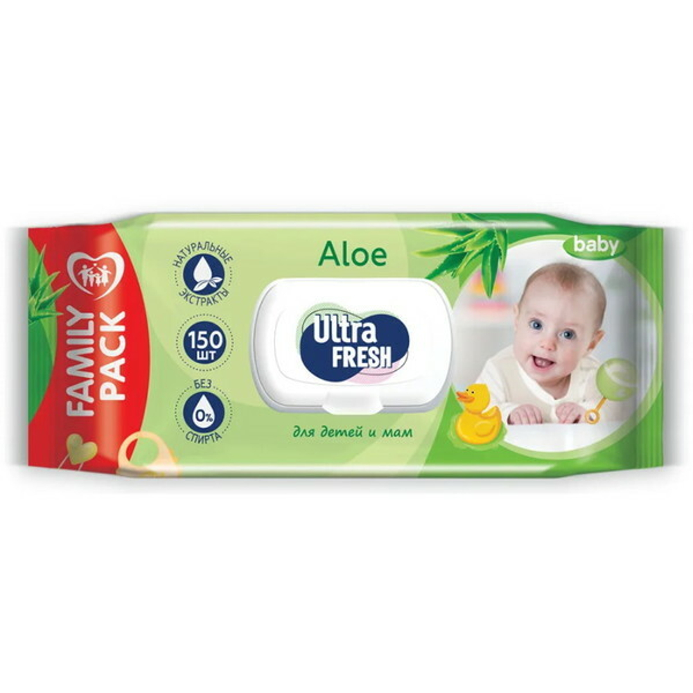 Cалфетки влажные ULTRA FRESH для детей и мам Aloe с клапаном 150 шт