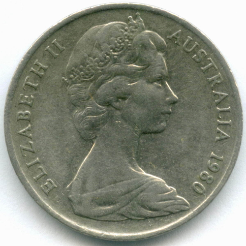 10 центов 1980 год. Австралия (Елизавета II). Птица лирохвост. Медно-никель, диаметр 23.6 мм. VF-XF
