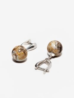 Серьги цельным пейзажным янтарем 10 мм. Натуральный камень серьги