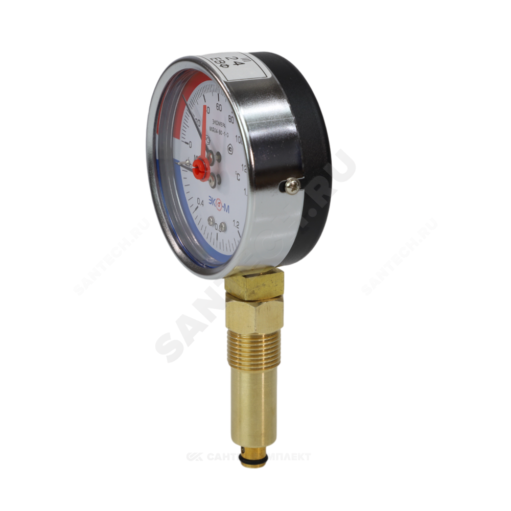 Термоманометр МД04 радиальный Дк80 0-0,6 МПа L=40мм G1/4" 120С с переходником на G1/2" ЭКОМЕРА МД04-80-G-0,6МПа-120-L-40-РИ