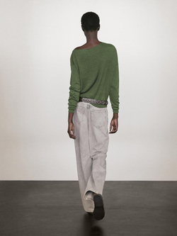 Massimo Dutti Свитер из 100% льна с вырезом лодочкой, цвет мха