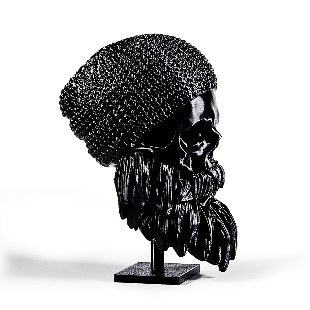 Бородатый череп в растакапе, фигурка для декора интерьера, арт-объект, коллекционный предмет, 3D печать, черный 14 см.