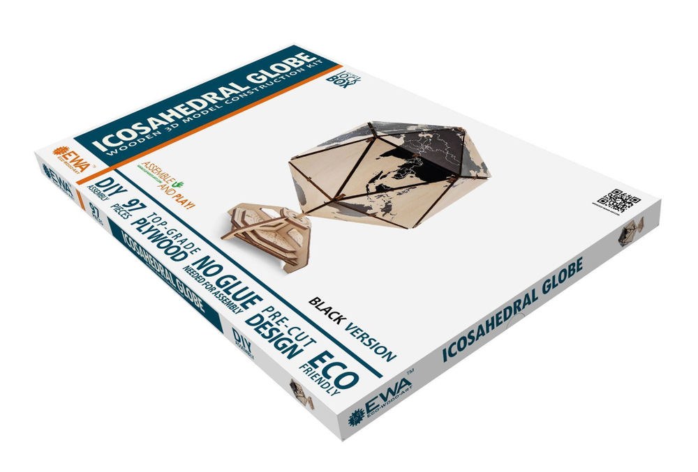 Конструктор деревянный 3D EWA Глобус Икосаэдр с секретом (шкатулка, сейф) черный