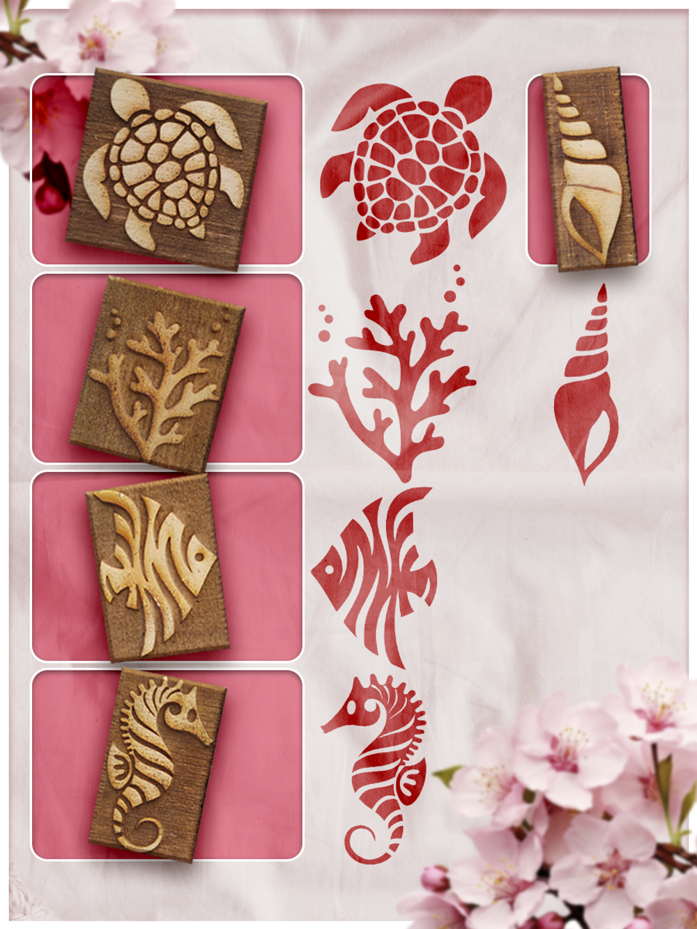 Комбо деревянные штампы 026, 027, 028, 029, 030 + красная по ткани 20 мл