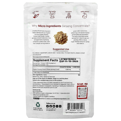 Micro Ingredients, Органический концентрат женьшеня обыкновенного, 113 г (4 унции)