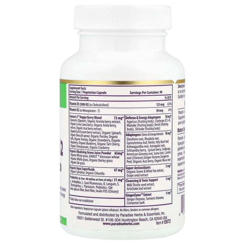 Paradise Herbs, Earth's Blend®, витамины D3 и K2, 90 вегетарианских капсул