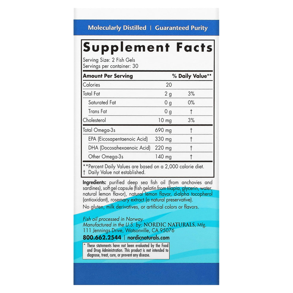 Nordic Naturals, омега-3, со вкусом лимона, 60 капсул из рыбьего желатина (345 мг в 1 капсуле)