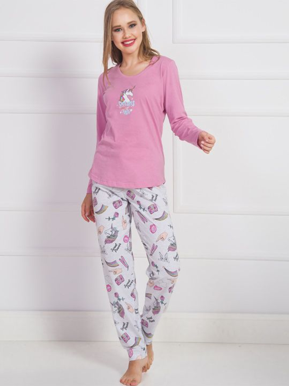 Трикотажный комплект с принтованными серыми брючками (Размер: XL) (Цвет: розовый)