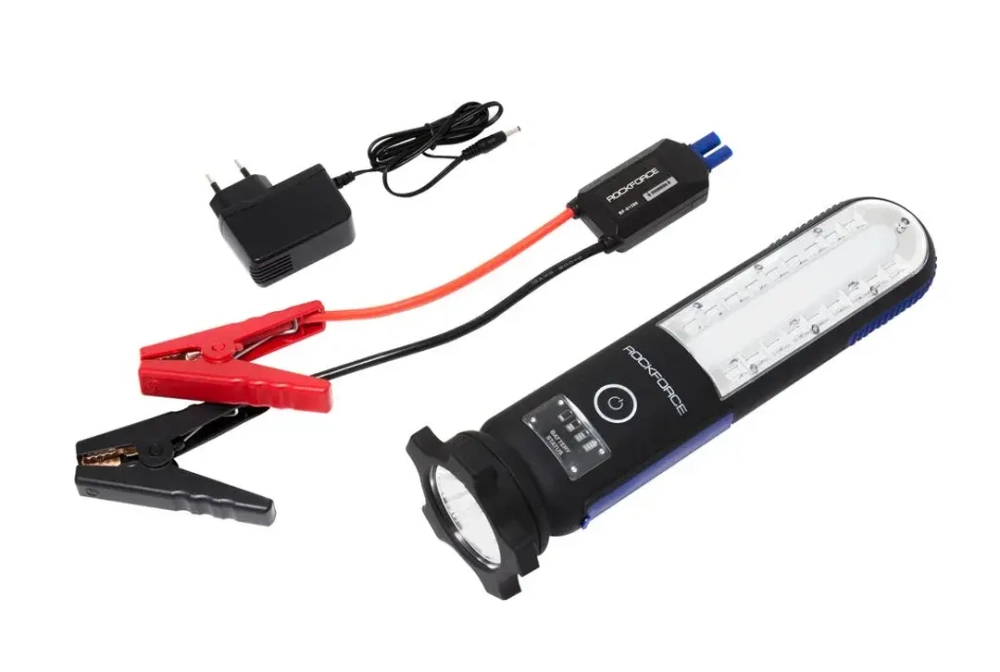 Фонарь светодиодный аккумуляторный с накопителем и функцией пуска а/м(12V,12000mAH,400Amp,480/60Lumen-бок/торц.свет,водонепр.IP54, магит,инд. зарядки) RockForce##Rock FORCE RF-01396