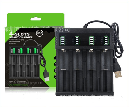 Универсальное зарядное 4 слота АКБ от USB (14500-21700)