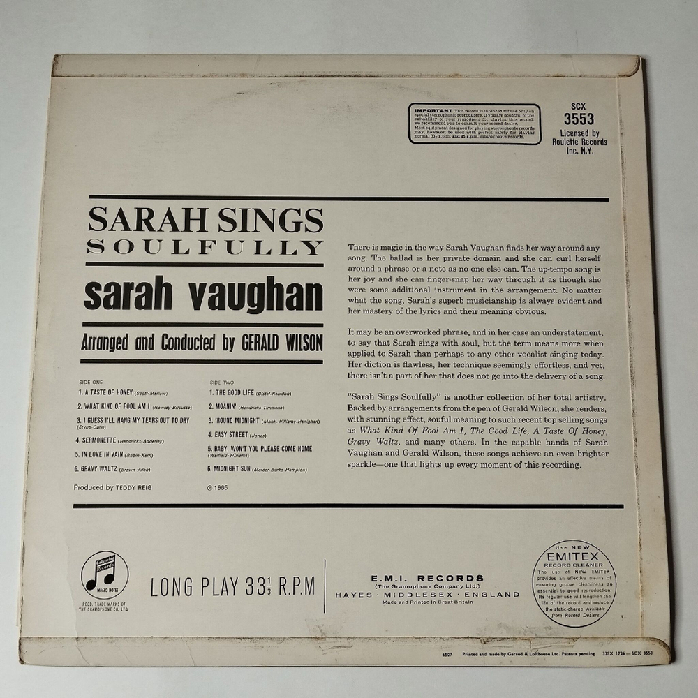Винтажная виниловая пластинка LP Sarah Vaughan Sings Soulfully (UK 1965) (Factory Sample)