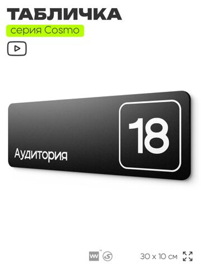 Таблички с номером аудитории "Аудитория №18", для офиса, 30 х 10 см, серия COSMO 3010, черная, Айдентика Технолоджи