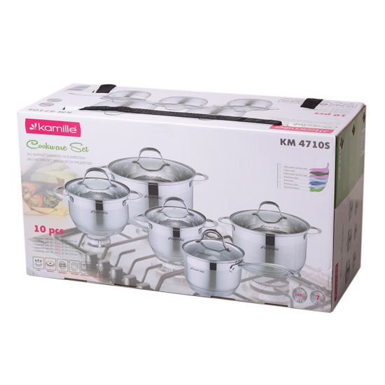 Набор посуды 10 предметов Kamille KM 4710S из нержавеющей стали (ковш 1,8 л; кастрюли 1,8 л; 2,3 л; 3,3 л; 5,8 л; 7-слойное дно)
