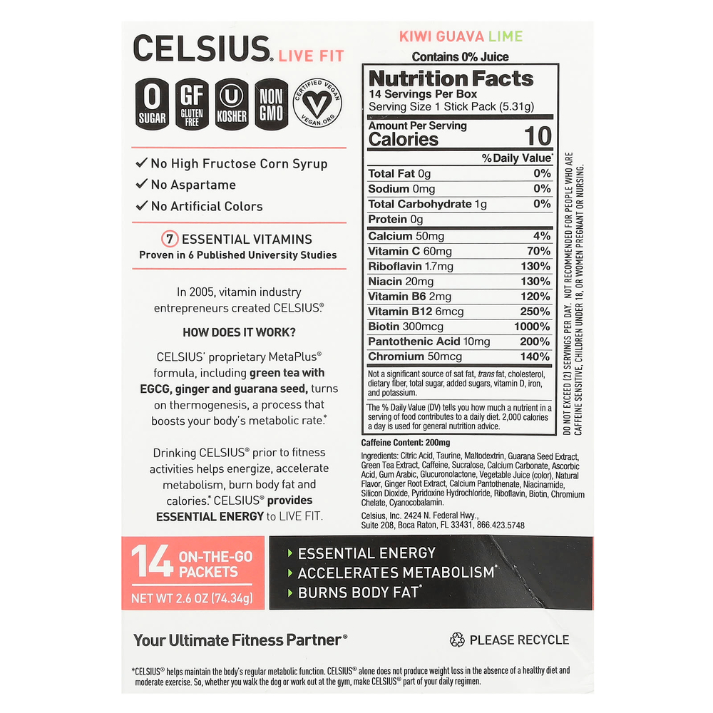 Celsius, Live Fit, киви и гуава, лайм, 14 пакетиков, по 5,31 г (0,19 унции)