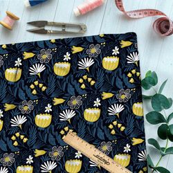 Ткань шелк Армани жёлтые цветы и листья на чёрном фоне