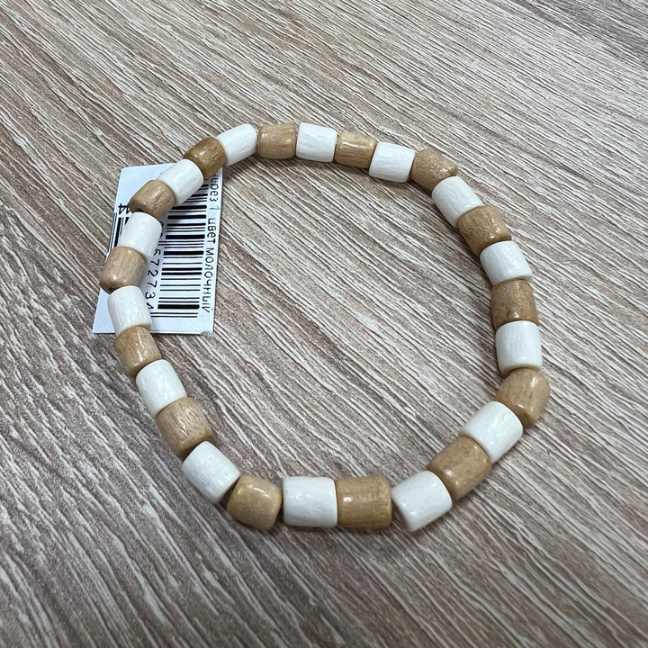 Браслет Фенька бусина через 1, цвет молочный, светло-коричневый, дерево