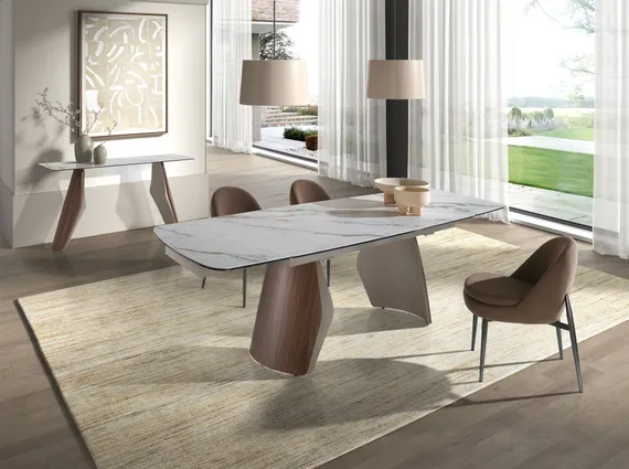 Раздвижной обеденный стол 1193 из керамики в мраморной отделке, стали и ореха