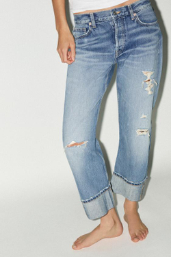 ZARA ДЖИНСЫ TRF STRAIGHT-LEG MID-RISE С РАЗРЕЗАМИ, ГОЛУБОЙ