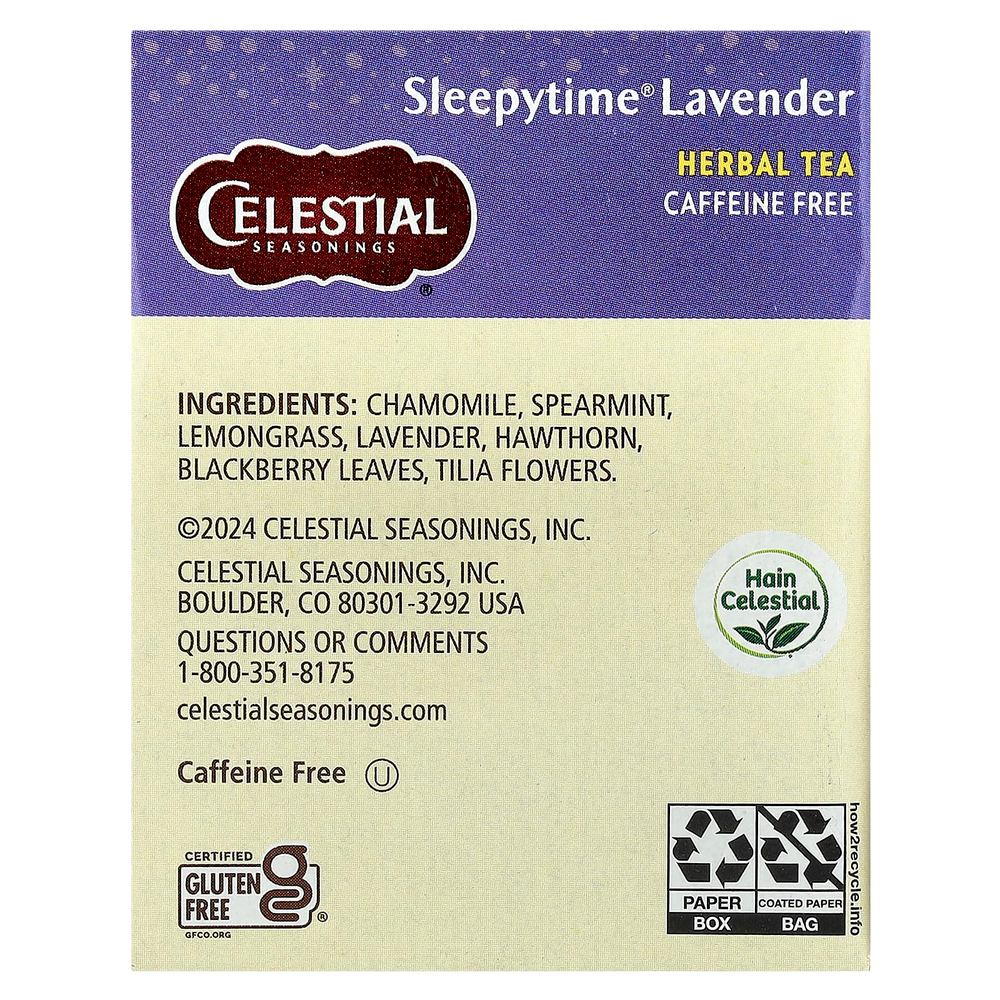 Celestial Seasonings, Herbal Tea, Sleepytime® и лаванда, без кофеина, 20 чайных пакетиков, 30 г (1,1 унции)