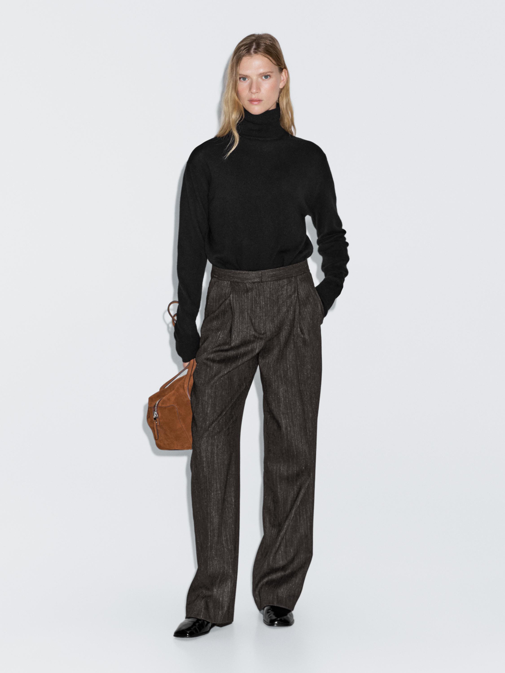 Massimo Dutti Брюки из меланжевой ткани с выточками, черный