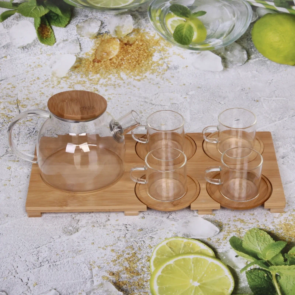 Чайный набор 10 предметов «Хай-Тек» (Чайник заварочный 1л+4кружки 140мл+блюдца) стеклянный на подносе