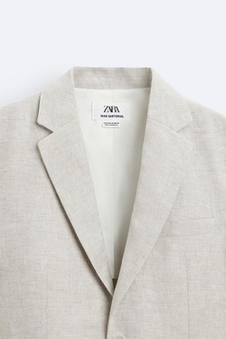 ZARA КОСТЮМНЫЙ ПИДЖАК ИЗ 100% ЛЬНА, СВЕТЛО-БЕЖЕВЫЙ