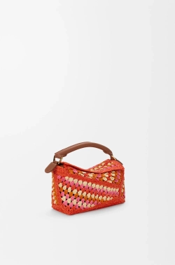 Loewe Мини-сумка Puzzle Edge из рафии и телячьей кожи, ярко-оранжевый