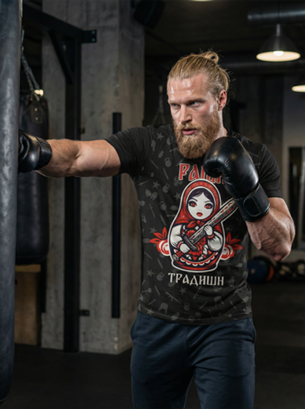 Футболка тренировочная мужская черная LEGENDA Матрёшка в мешочке