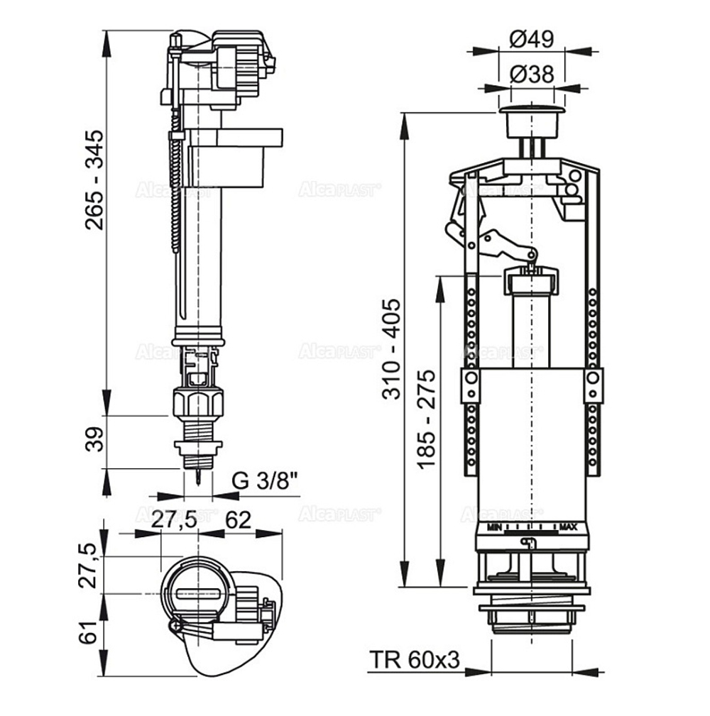 Сливная арматура Alcaplast, со стоп кнопкой, боковой подвод, подключение 3/8'', кнопка хром (SA2000K 3/8" CHROM)