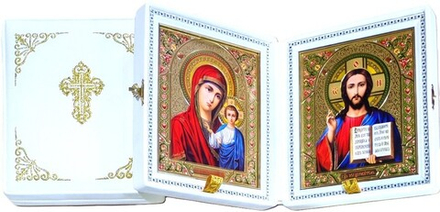Складень средний белый: кожа, вышивка, большая икона,стекло (22х19х7)  (4504-0170) (Белив)