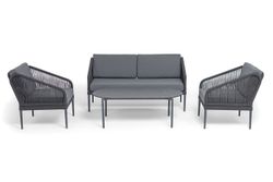 "Канны" лаунж-зона 4-местная (разборная) из роупа со столиком "Диего" цвета "серый гранит", роуп темно-серый круглый, ткань темно-серая