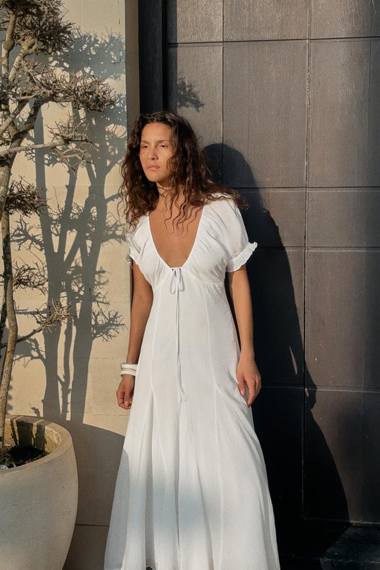 ZARA ПЛАТЬЕ МИДИ ИЗ ГАЗА С ЮБКОЙ ГОДЕ, БЕЛЫЙ