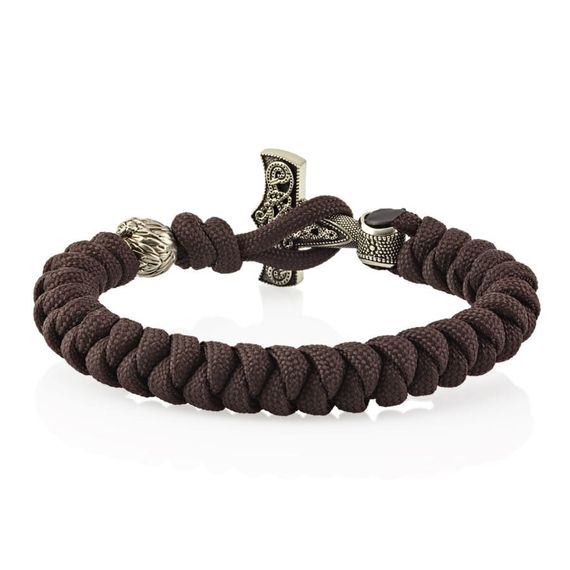 Браслет из темно-коричневого паракорда с молотом Тора Мьёльнир и медведем из мельхиора, фото 2