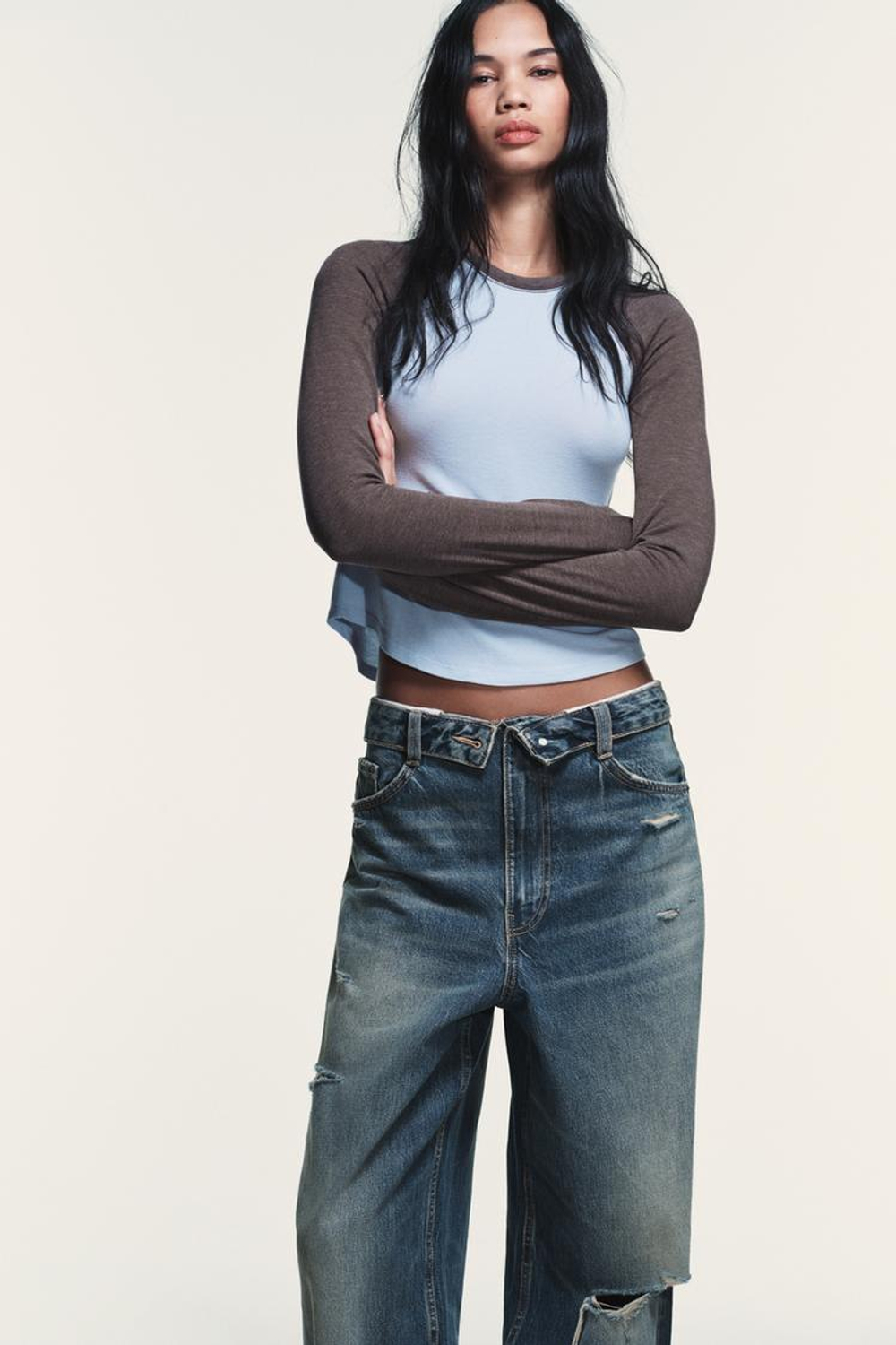 ZARA ФУТБОЛКА РЕГЛАН С КОНТРАСТНЫМИ ДЕТАЛЯМИ, ГОЛУБОЙ