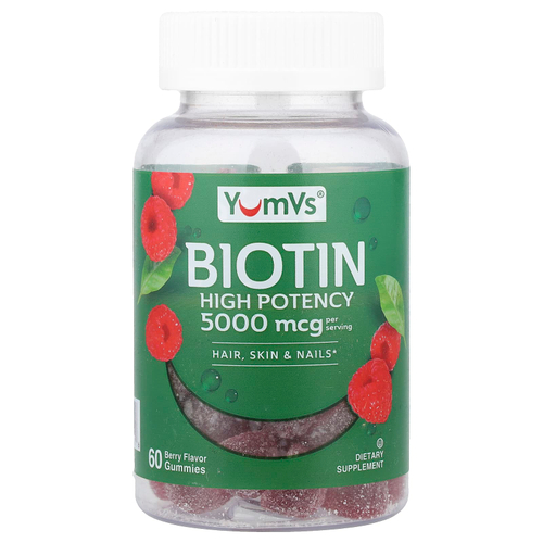 YumVs, жевательные таблетки с биотином, высокоэффективный, со вкусом ягод, 60 жевательных таблеток (2500 мкг в 1 жевательной таблетке)