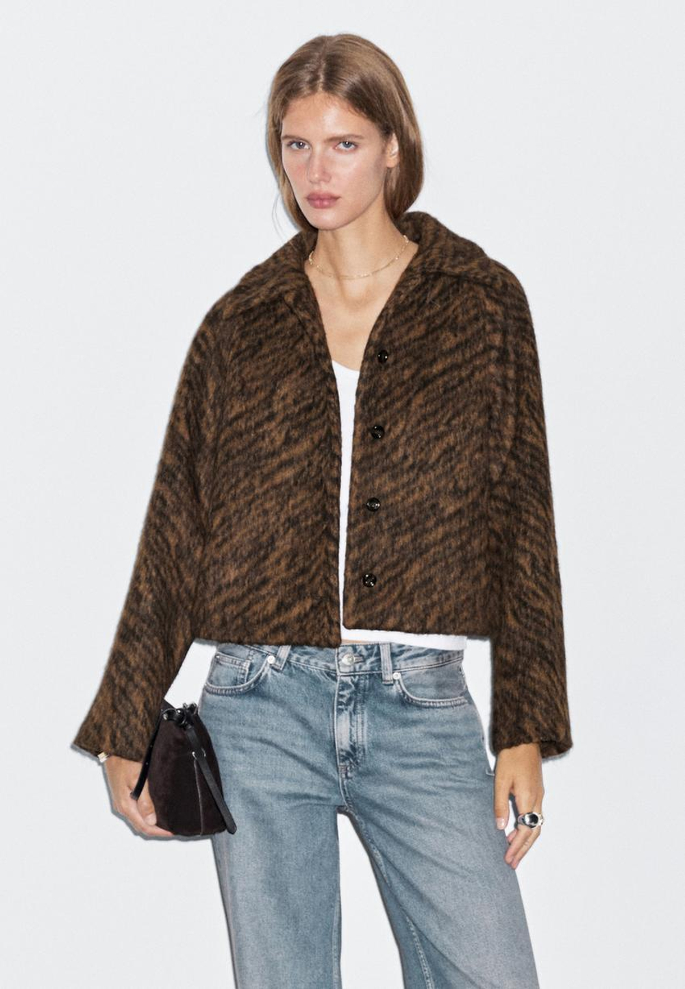 Massimo Dutti Короткое пальто с анималистическим принтом, коричневый