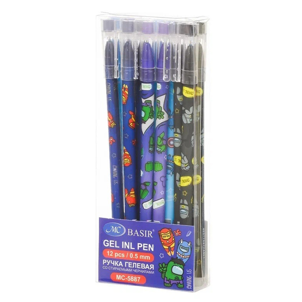 Ручка гелевая, пиши-стирай, Basir, синие чернила, серия "Астронавты", 4 цвета корпуса, 12 шт