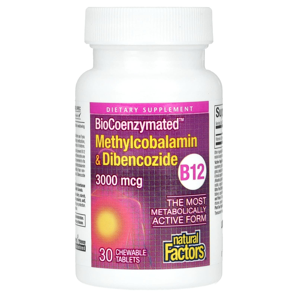 Natural Factors, BioCoenzymated, метилкобаламин и дибенкозид, витамин B12, 3000 мкг, 30 жевательных таблеток