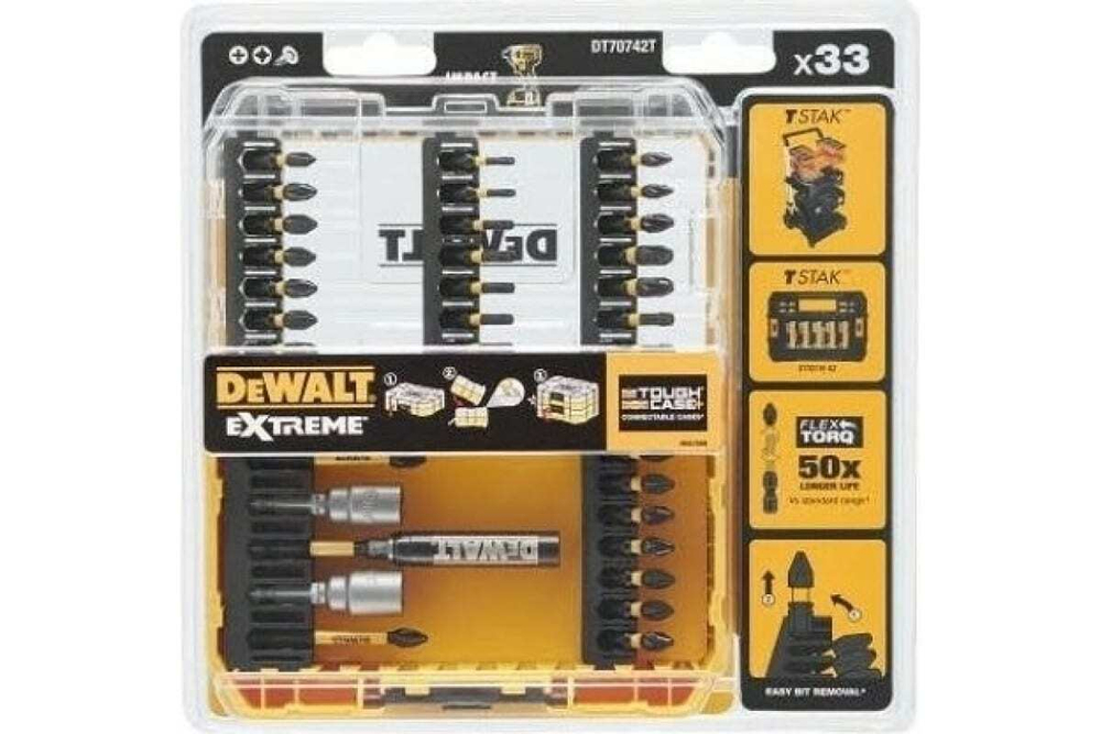 Набор бит и насадок FLEXTORQ 33 предмета DEWALT DT70742T, длина 25/57 мм, желтый