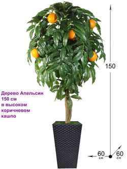 Искусственное дерево Апельсин 150см в высоком коричневом кашпо ротанг