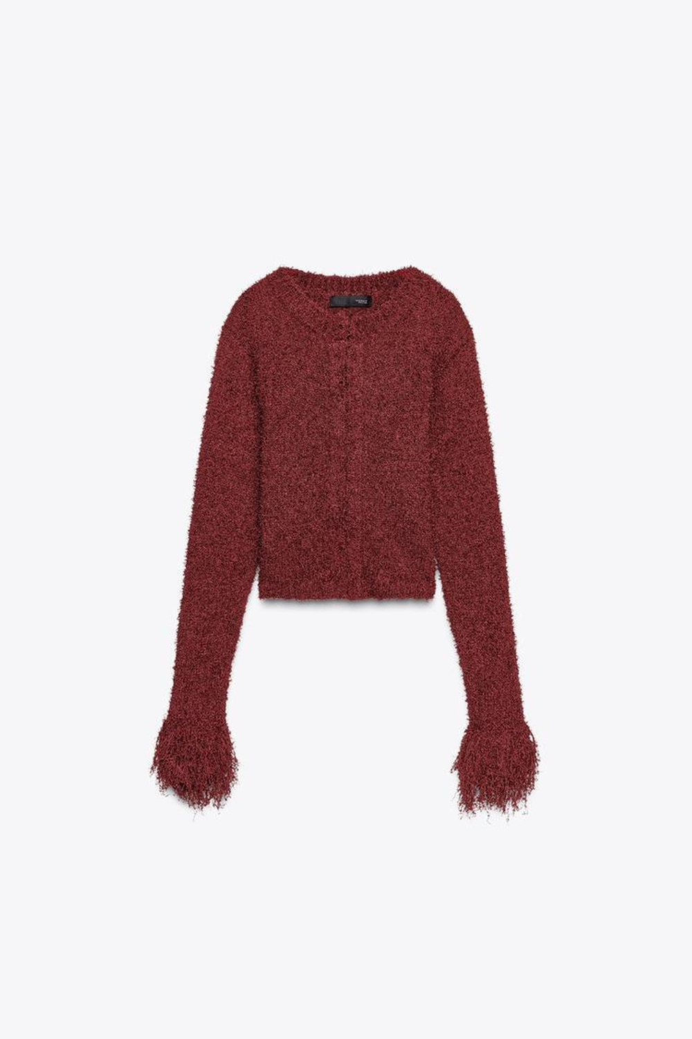 ZARA ТРИКОТАЖНЫЙ КАРДИГАН С БАХРОМОЙ, ТЕМНО-БОРДОВЫЙ