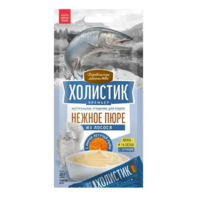 Деревенские лакомства "Холистик Премьер "Нежное пюре из лосося с икрой летучей рыбы" для кошек