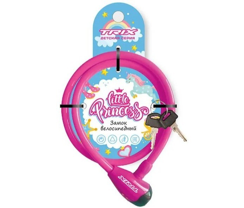 Замок противоугонный TRIX трос, ключи, детский,  8×1200мм, Little Princess пластиковая оплетка, розовый