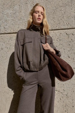 ZARA БОМБЕР С ВОРОТНИКОМ-СТОЙКОЙ, КОРИЧНЕВЫЙ МЕЛАНЖ