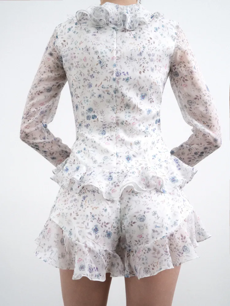 Рузана (Ruzana), блуза с рукавами и рюшами из молочного шифона с цветочным принтом