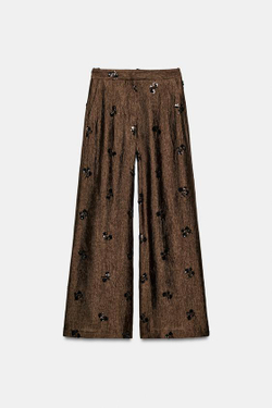 ZARA ШИРОКИЕ БРЮКИ С ПАЙЕТКАМИ, КОРИЧНЕВЫЙ