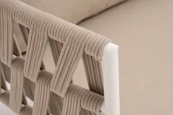 "Диего" диван 2-местный плетеный из роупа, каркас алюминий белый муар, роуп бежевый круглый, ткань бежевая 035