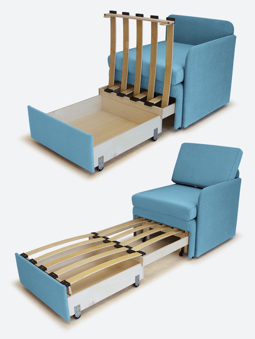 Кресло-кровать "Миник" с левым подлокотником, под правую руку, велюр Candy Blue