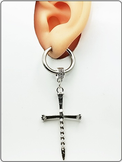 Клипса без прокола уха "Крест с черепами" стальная.