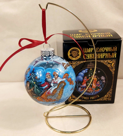 Коллекционный елочный шар с росписью Палех "Тройка" в коробке
